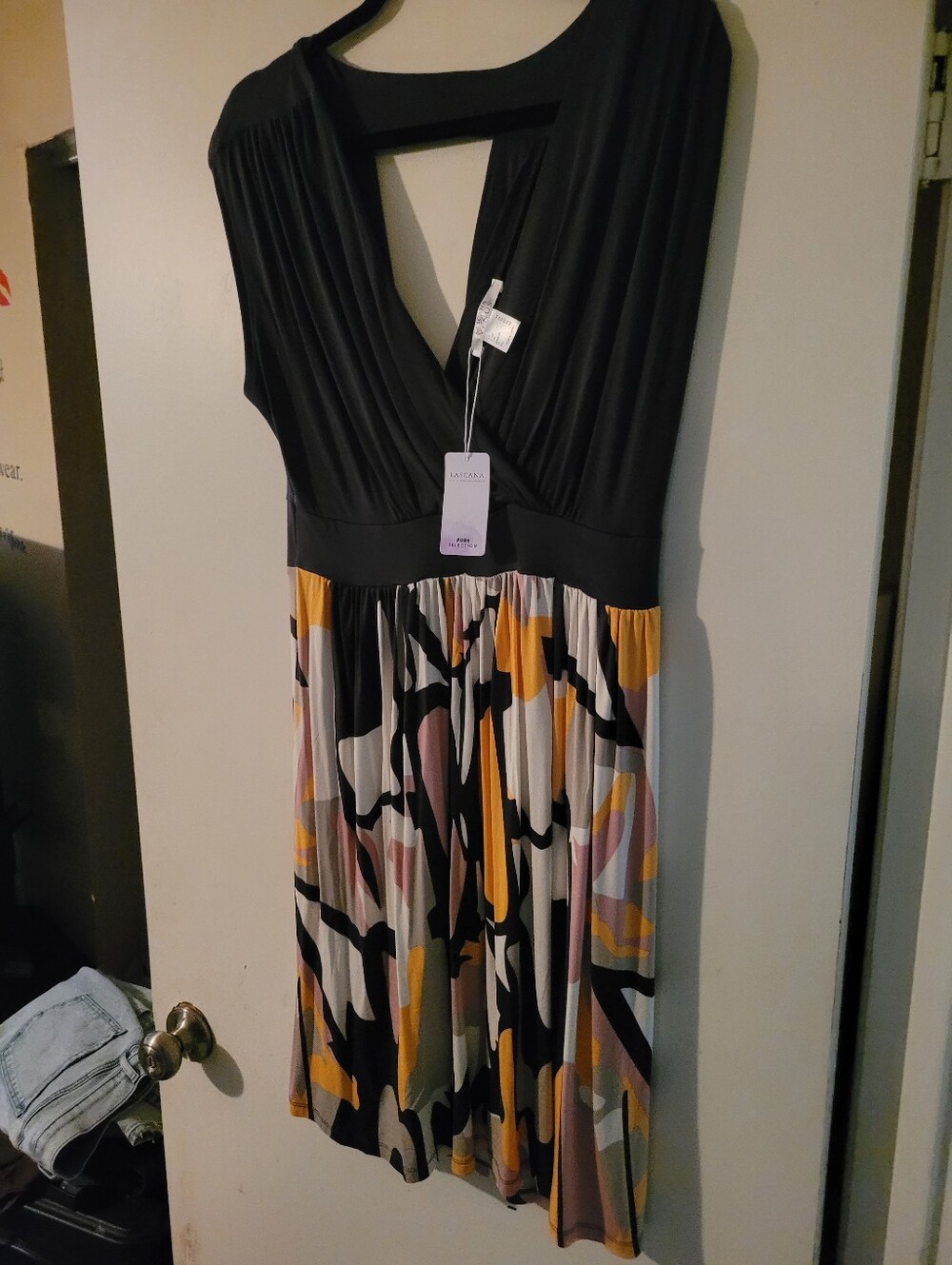 Navy & Multicolor V-Neck Pleated Waist Women's Dress